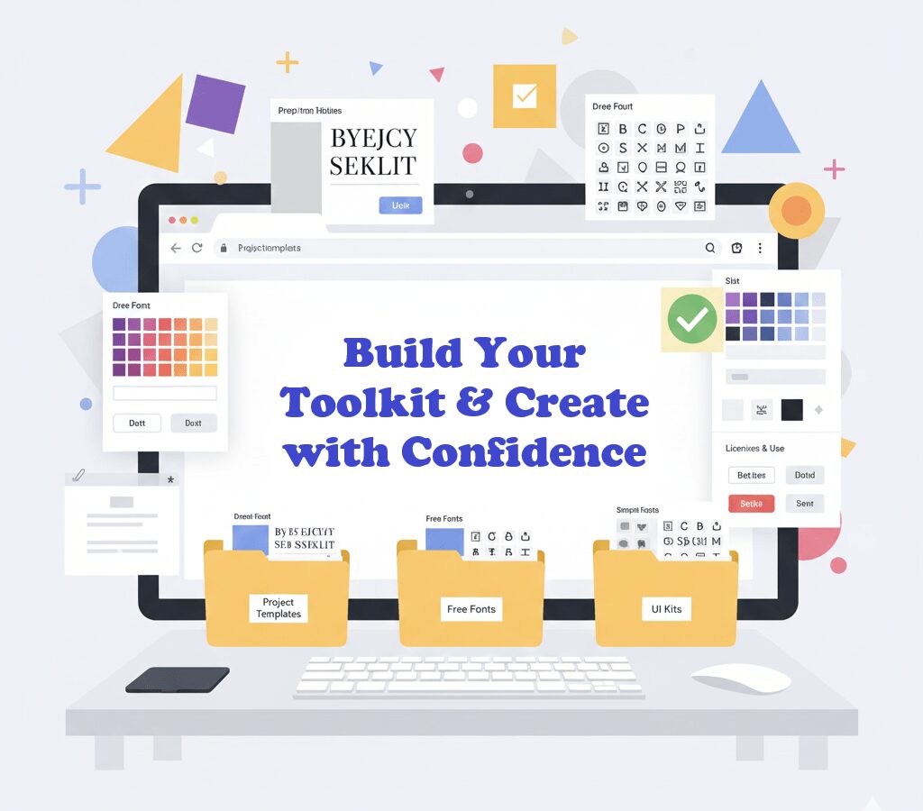 High-resolution horizontal illustration showing an organized design toolkit with folders, templates, fonts, icons, and notes, labeled 'Build Your Toolkit & Create with Confidence', perfect for digital designers.